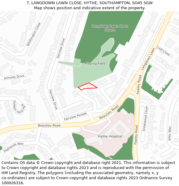 7, LANGDOWN LAWN CLOSE, HYTHE, SOUTHAMPTON, SO45 5GW: Location map and indicative extent of plot