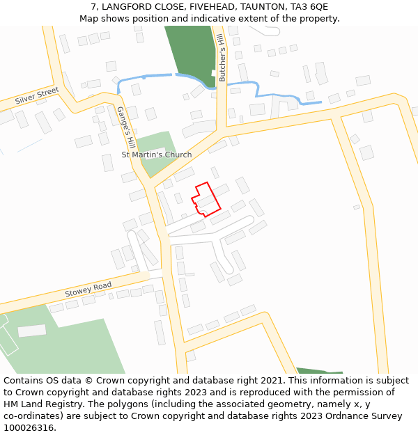 7, LANGFORD CLOSE, FIVEHEAD, TAUNTON, TA3 6QE: Location map and indicative extent of plot