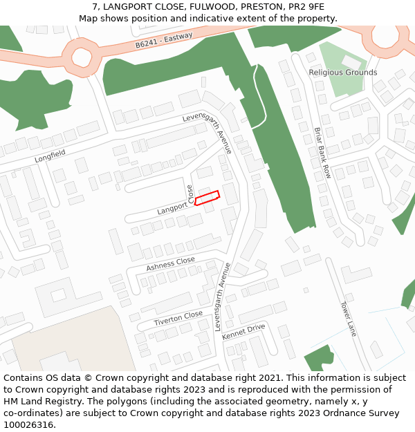 7, LANGPORT CLOSE, FULWOOD, PRESTON, PR2 9FE: Location map and indicative extent of plot