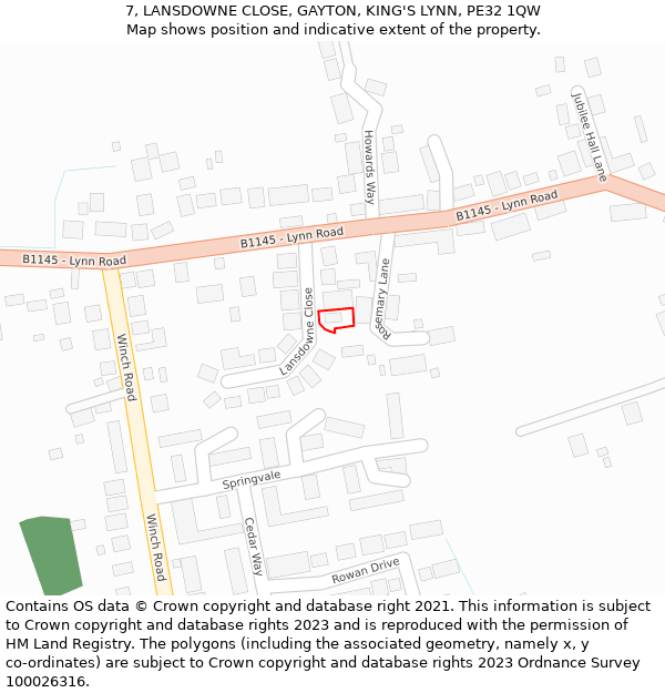 7, LANSDOWNE CLOSE, GAYTON, KING'S LYNN, PE32 1QW: Location map and indicative extent of plot