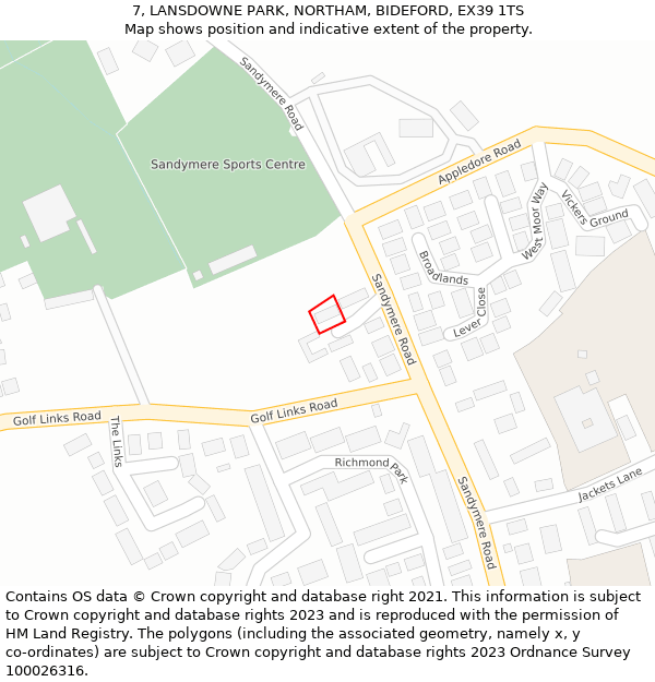 7, LANSDOWNE PARK, NORTHAM, BIDEFORD, EX39 1TS: Location map and indicative extent of plot