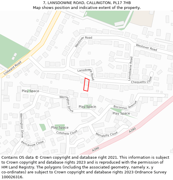 7, LANSDOWNE ROAD, CALLINGTON, PL17 7HB: Location map and indicative extent of plot