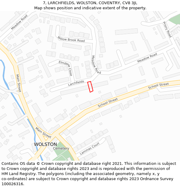 7, LARCHFIELDS, WOLSTON, COVENTRY, CV8 3JL: Location map and indicative extent of plot