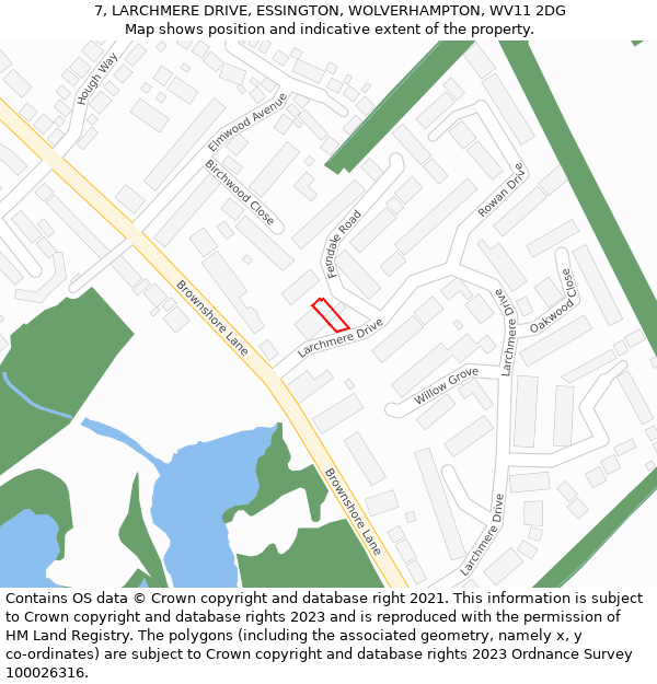 7, LARCHMERE DRIVE, ESSINGTON, WOLVERHAMPTON, WV11 2DG: Location map and indicative extent of plot