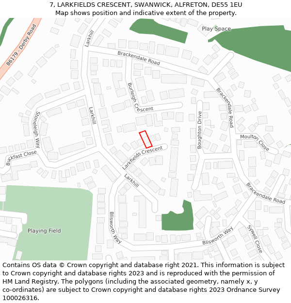 7, LARKFIELDS CRESCENT, SWANWICK, ALFRETON, DE55 1EU: Location map and indicative extent of plot