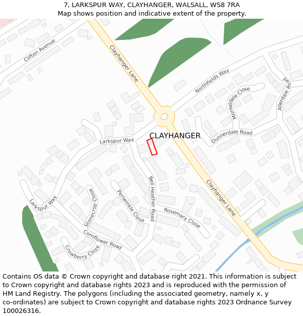 7, LARKSPUR WAY, CLAYHANGER, WALSALL, WS8 7RA: Location map and indicative extent of plot