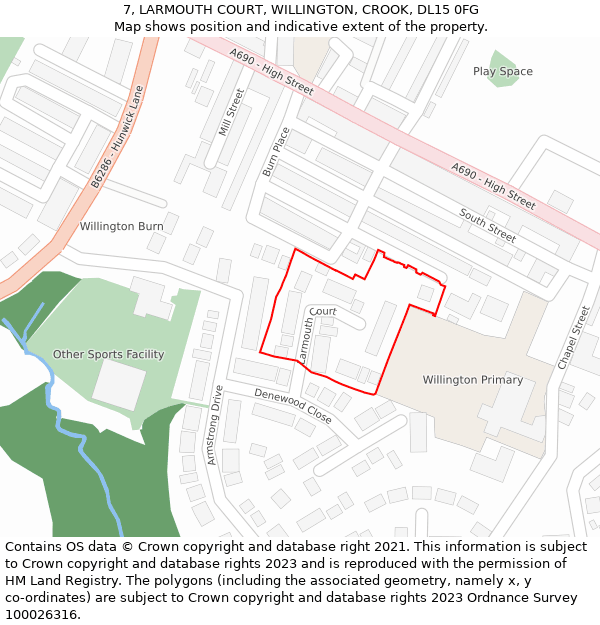 7, LARMOUTH COURT, WILLINGTON, CROOK, DL15 0FG: Location map and indicative extent of plot
