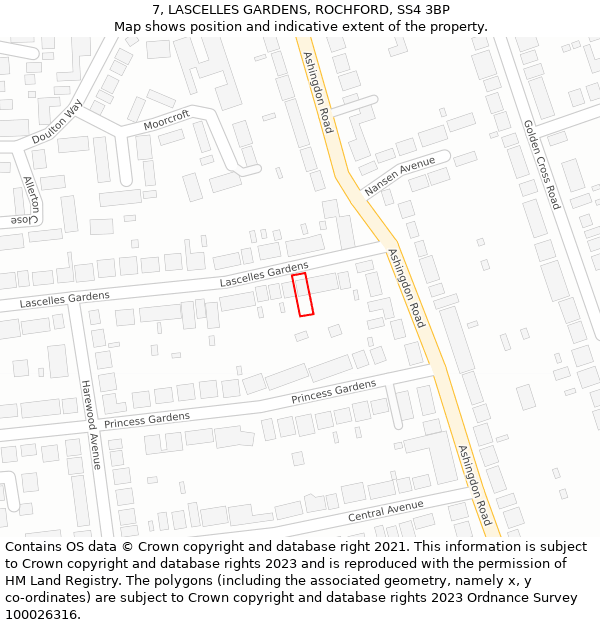 7, LASCELLES GARDENS, ROCHFORD, SS4 3BP: Location map and indicative extent of plot