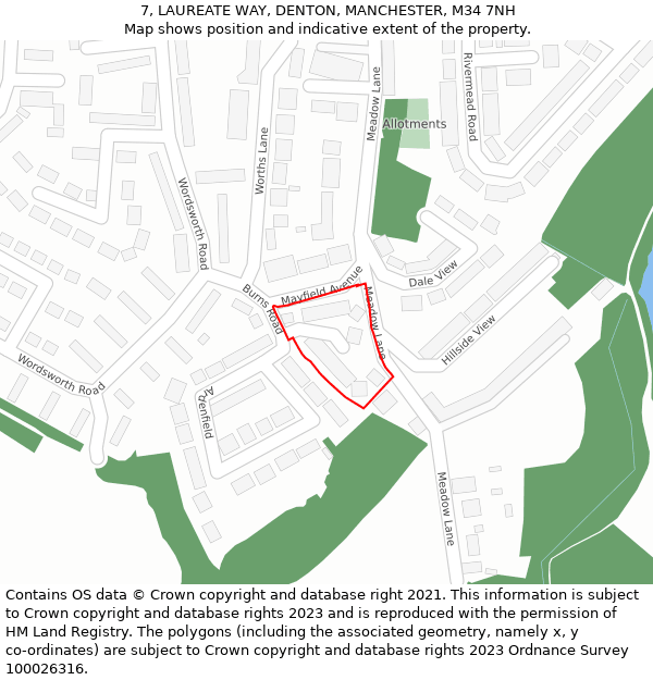 7, LAUREATE WAY, DENTON, MANCHESTER, M34 7NH: Location map and indicative extent of plot