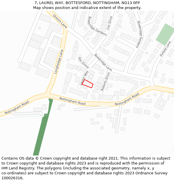 7, LAUREL WAY, BOTTESFORD, NOTTINGHAM, NG13 0FP: Location map and indicative extent of plot