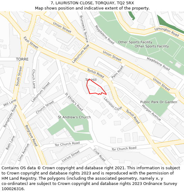 7, LAURISTON CLOSE, TORQUAY, TQ2 5RX: Location map and indicative extent of plot