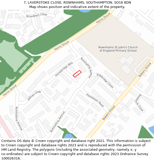 7, LAVERSTOKE CLOSE, ROWNHAMS, SOUTHAMPTON, SO16 8DN: Location map and indicative extent of plot