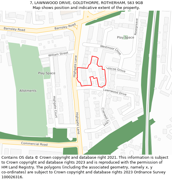 7, LAWNWOOD DRIVE, GOLDTHORPE, ROTHERHAM, S63 9GB: Location map and indicative extent of plot