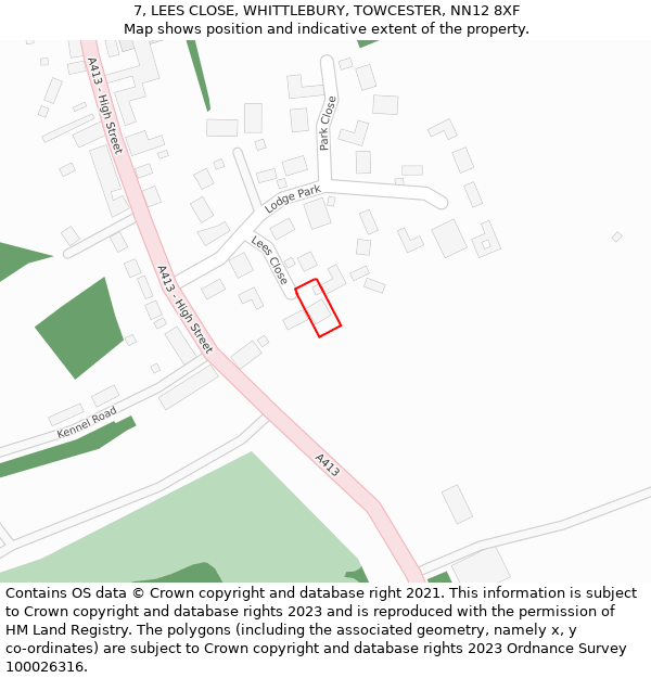 7, LEES CLOSE, WHITTLEBURY, TOWCESTER, NN12 8XF: Location map and indicative extent of plot
