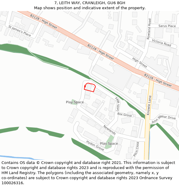 7, LEITH WAY, CRANLEIGH, GU6 8GH: Location map and indicative extent of plot