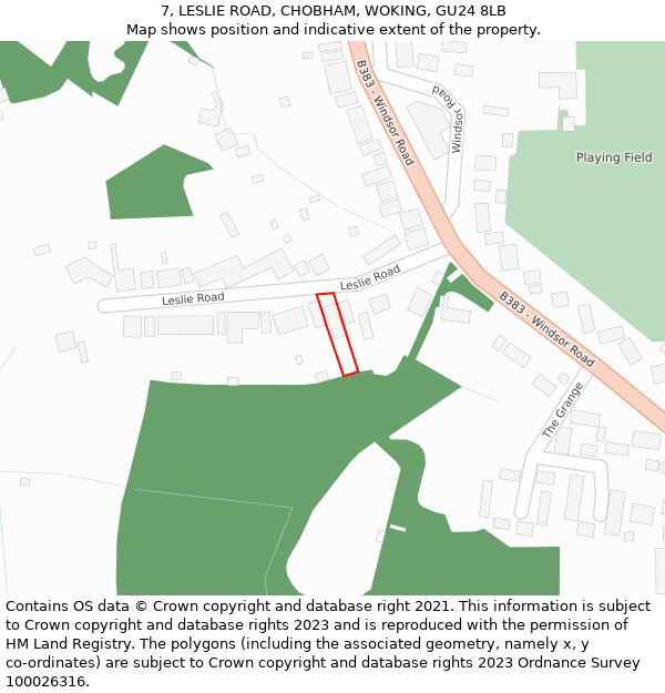 7, LESLIE ROAD, CHOBHAM, WOKING, GU24 8LB: Location map and indicative extent of plot