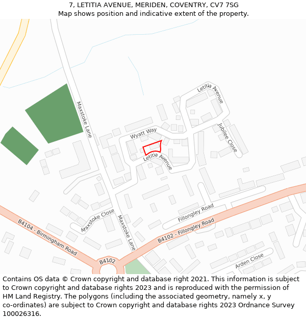 7, LETITIA AVENUE, MERIDEN, COVENTRY, CV7 7SG: Location map and indicative extent of plot