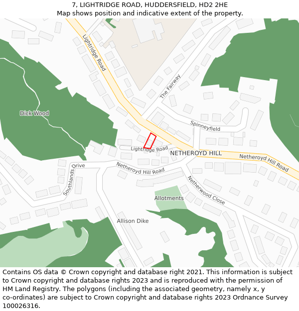 7, LIGHTRIDGE ROAD, HUDDERSFIELD, HD2 2HE: Location map and indicative extent of plot