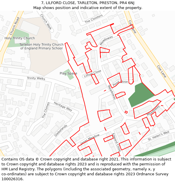 7, LILFORD CLOSE, TARLETON, PRESTON, PR4 6NJ: Location map and indicative extent of plot