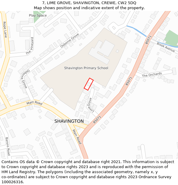 7, LIME GROVE, SHAVINGTON, CREWE, CW2 5DQ: Location map and indicative extent of plot