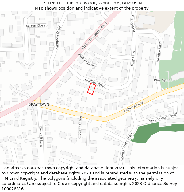 7, LINCLIETH ROAD, WOOL, WAREHAM, BH20 6EN: Location map and indicative extent of plot