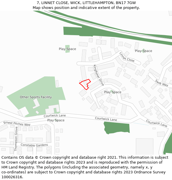 7, LINNET CLOSE, WICK, LITTLEHAMPTON, BN17 7GW: Location map and indicative extent of plot