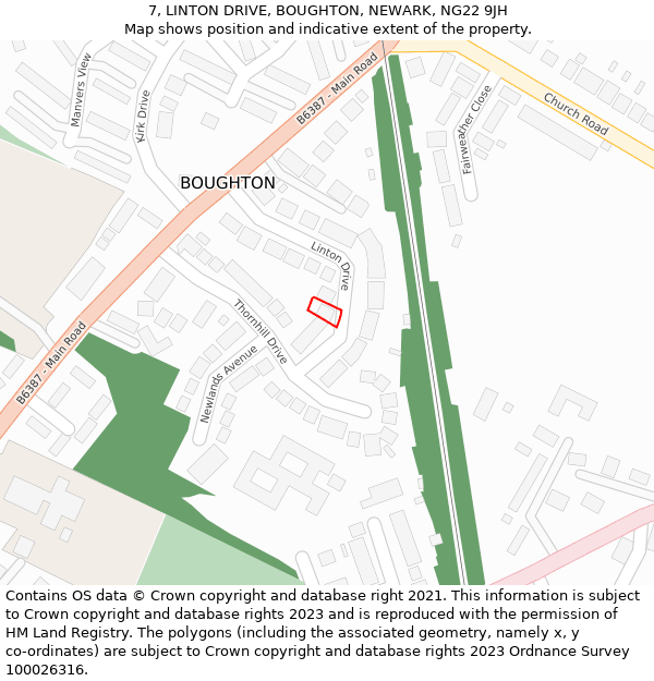 7, LINTON DRIVE, BOUGHTON, NEWARK, NG22 9JH: Location map and indicative extent of plot