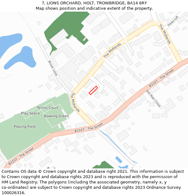 7, LIONS ORCHARD, HOLT, TROWBRIDGE, BA14 6RY: Location map and indicative extent of plot