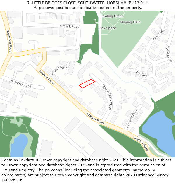 7, LITTLE BRIDGES CLOSE, SOUTHWATER, HORSHAM, RH13 9HH: Location map and indicative extent of plot