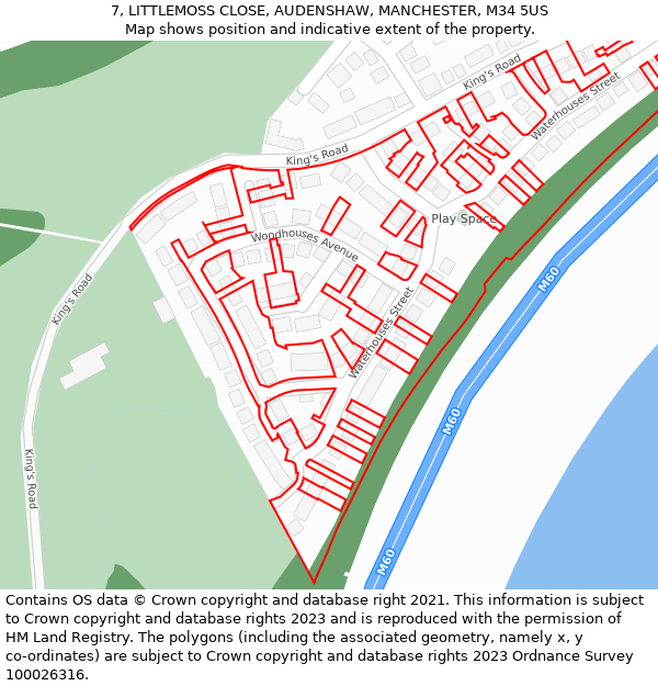 7, LITTLEMOSS CLOSE, AUDENSHAW, MANCHESTER, M34 5US: Location map and indicative extent of plot