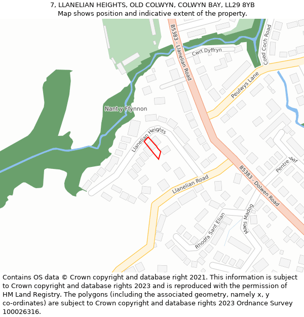 7, LLANELIAN HEIGHTS, OLD COLWYN, COLWYN BAY, LL29 8YB: Location map and indicative extent of plot