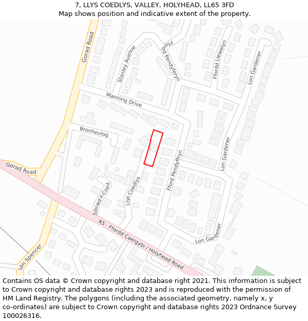 7, LLYS COEDLYS, VALLEY, HOLYHEAD, LL65 3FD: Location map and indicative extent of plot