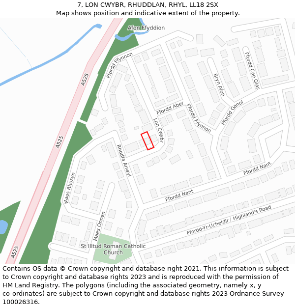 7, LON CWYBR, RHUDDLAN, RHYL, LL18 2SX: Location map and indicative extent of plot