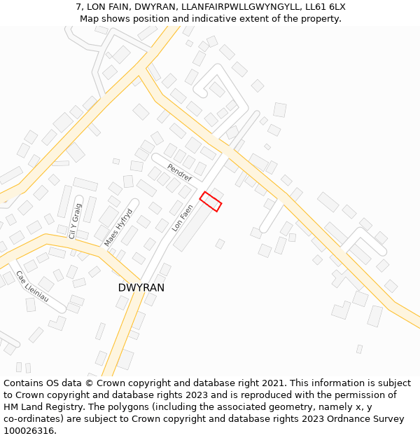 7, LON FAIN, DWYRAN, LLANFAIRPWLLGWYNGYLL, LL61 6LX: Location map and indicative extent of plot
