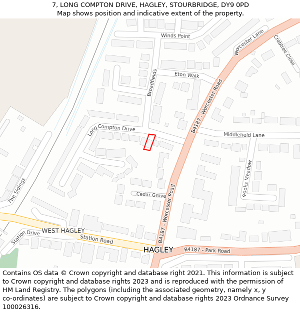 7, LONG COMPTON DRIVE, HAGLEY, STOURBRIDGE, DY9 0PD: Location map and indicative extent of plot