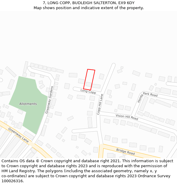 7, LONG COPP, BUDLEIGH SALTERTON, EX9 6DY: Location map and indicative extent of plot