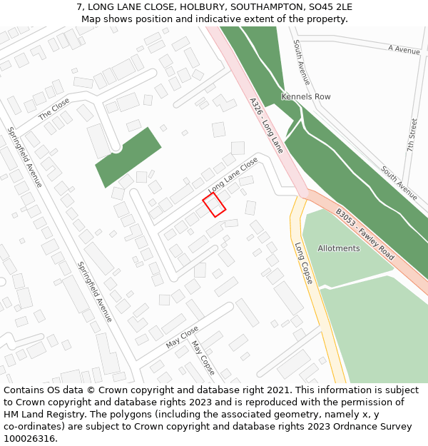 7, LONG LANE CLOSE, HOLBURY, SOUTHAMPTON, SO45 2LE: Location map and indicative extent of plot