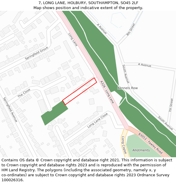 7, LONG LANE, HOLBURY, SOUTHAMPTON, SO45 2LF: Location map and indicative extent of plot