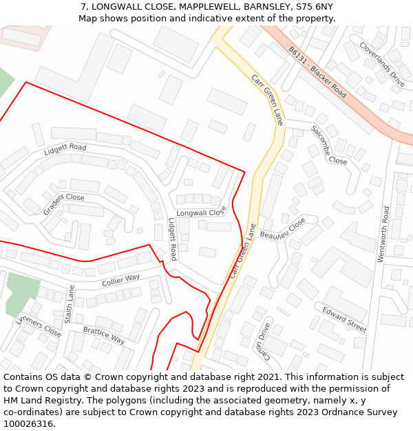 7, LONGWALL CLOSE, MAPPLEWELL, BARNSLEY, S75 6NY: Location map and indicative extent of plot