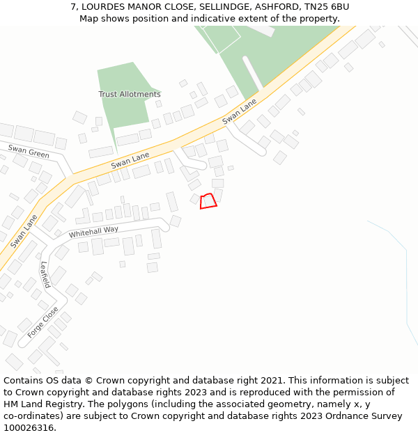 7, LOURDES MANOR CLOSE, SELLINDGE, ASHFORD, TN25 6BU: Location map and indicative extent of plot