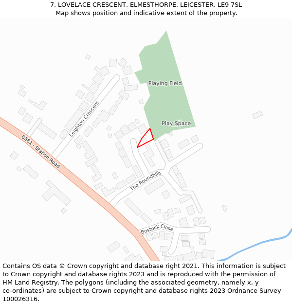 7, LOVELACE CRESCENT, ELMESTHORPE, LEICESTER, LE9 7SL: Location map and indicative extent of plot