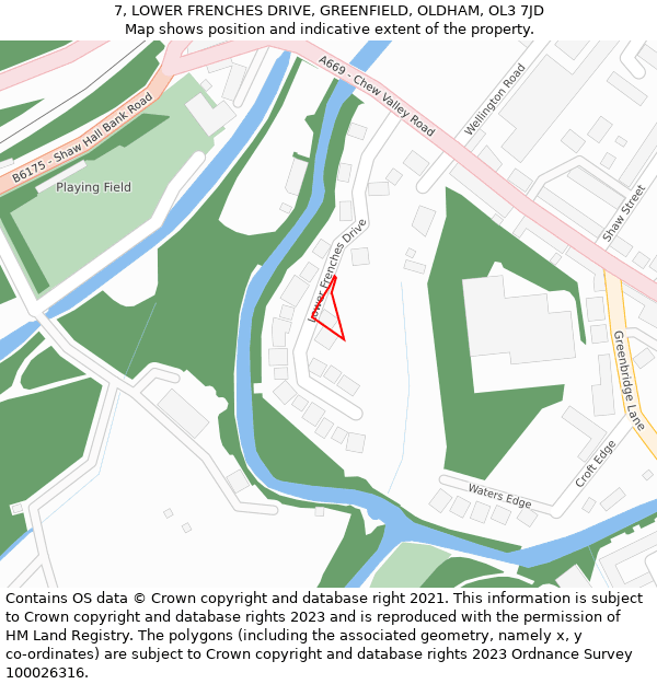 7, LOWER FRENCHES DRIVE, GREENFIELD, OLDHAM, OL3 7JD: Location map and indicative extent of plot