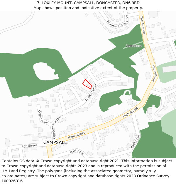 7, LOXLEY MOUNT, CAMPSALL, DONCASTER, DN6 9RD: Location map and indicative extent of plot