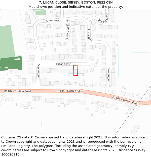 7, LUCAN CLOSE, SIBSEY, BOSTON, PE22 0SH: Location map and indicative extent of plot