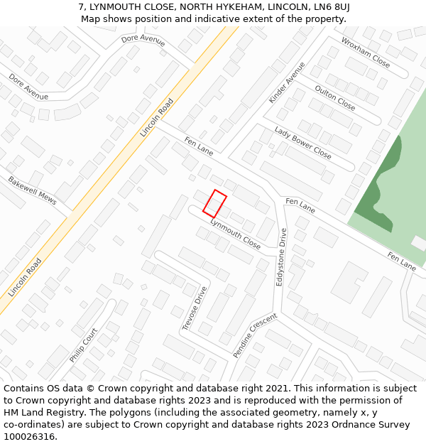 7, LYNMOUTH CLOSE, NORTH HYKEHAM, LINCOLN, LN6 8UJ: Location map and indicative extent of plot