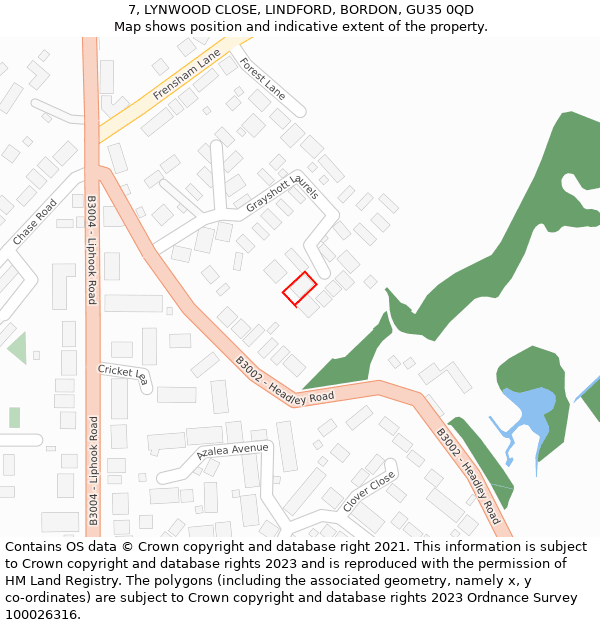 7, LYNWOOD CLOSE, LINDFORD, BORDON, GU35 0QD: Location map and indicative extent of plot