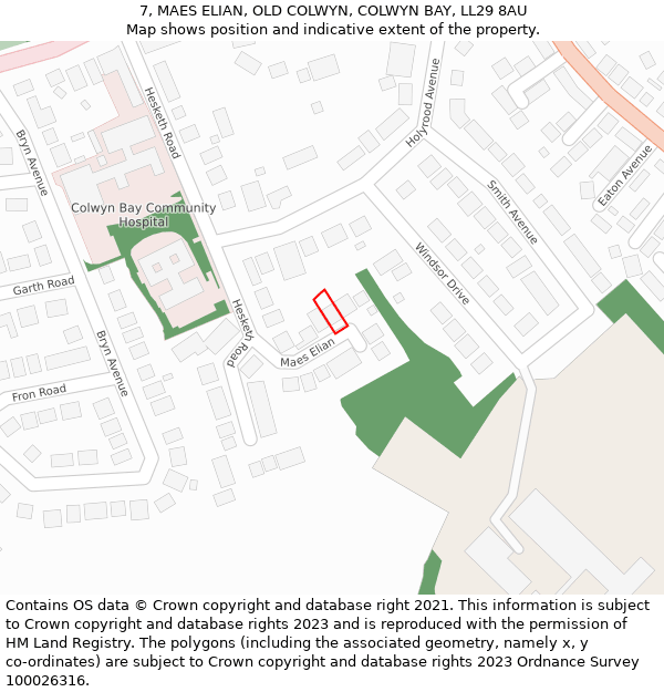 7, MAES ELIAN, OLD COLWYN, COLWYN BAY, LL29 8AU: Location map and indicative extent of plot
