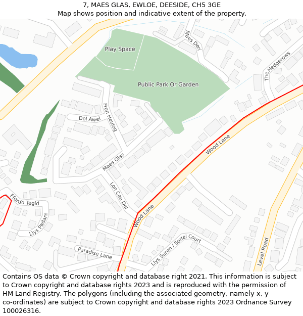 7, MAES GLAS, EWLOE, DEESIDE, CH5 3GE: Location map and indicative extent of plot