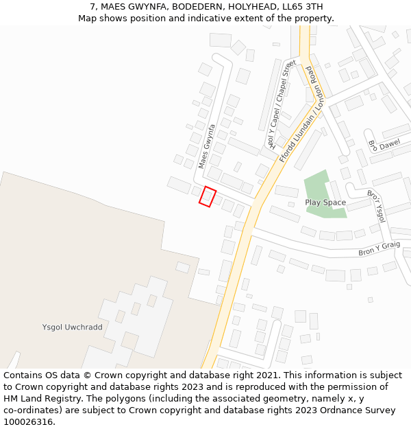 7, MAES GWYNFA, BODEDERN, HOLYHEAD, LL65 3TH: Location map and indicative extent of plot