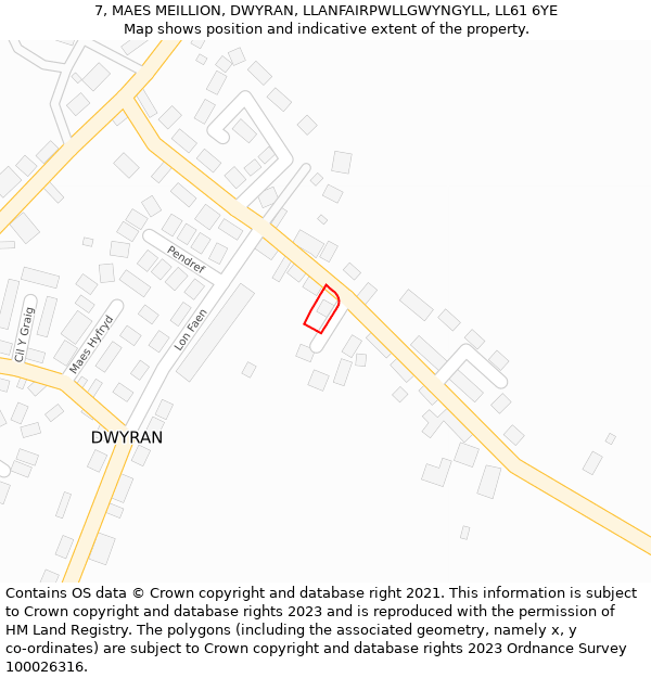 7, MAES MEILLION, DWYRAN, LLANFAIRPWLLGWYNGYLL, LL61 6YE: Location map and indicative extent of plot